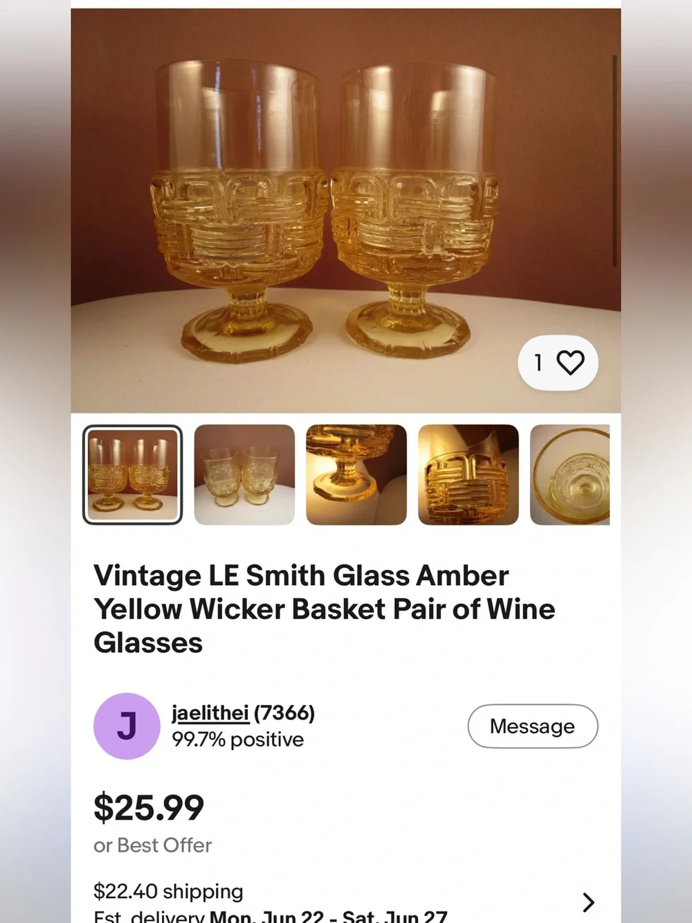 2 LE Smith Wicker amber yellow, iced tea/wine glasses. 70s USA